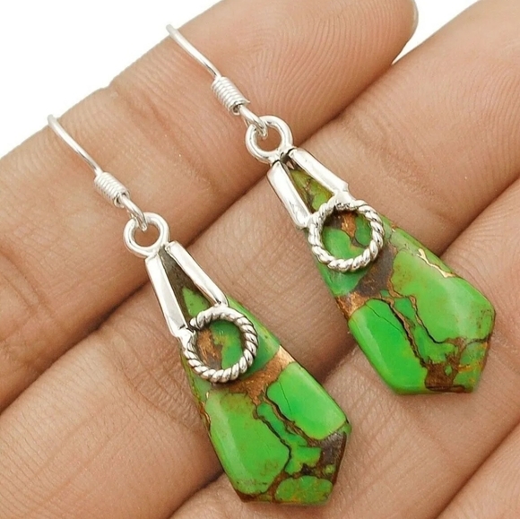 NWT Natural Golden Turquoise 925 Solid Sterling Silver Earrings HANDMADE - Picture 2 of 7